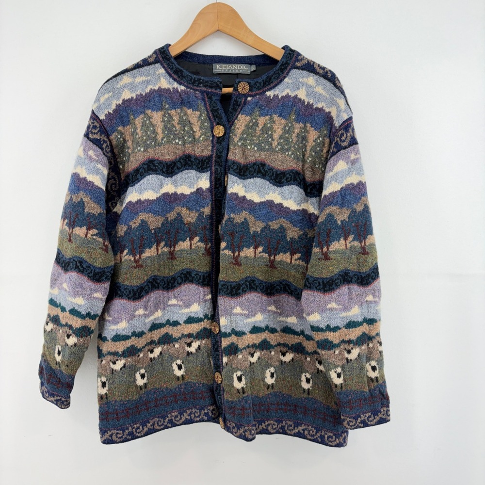 Icelandic Design Vintage 90s Womens Landscape Lined Cardigan Sweater Sheep L